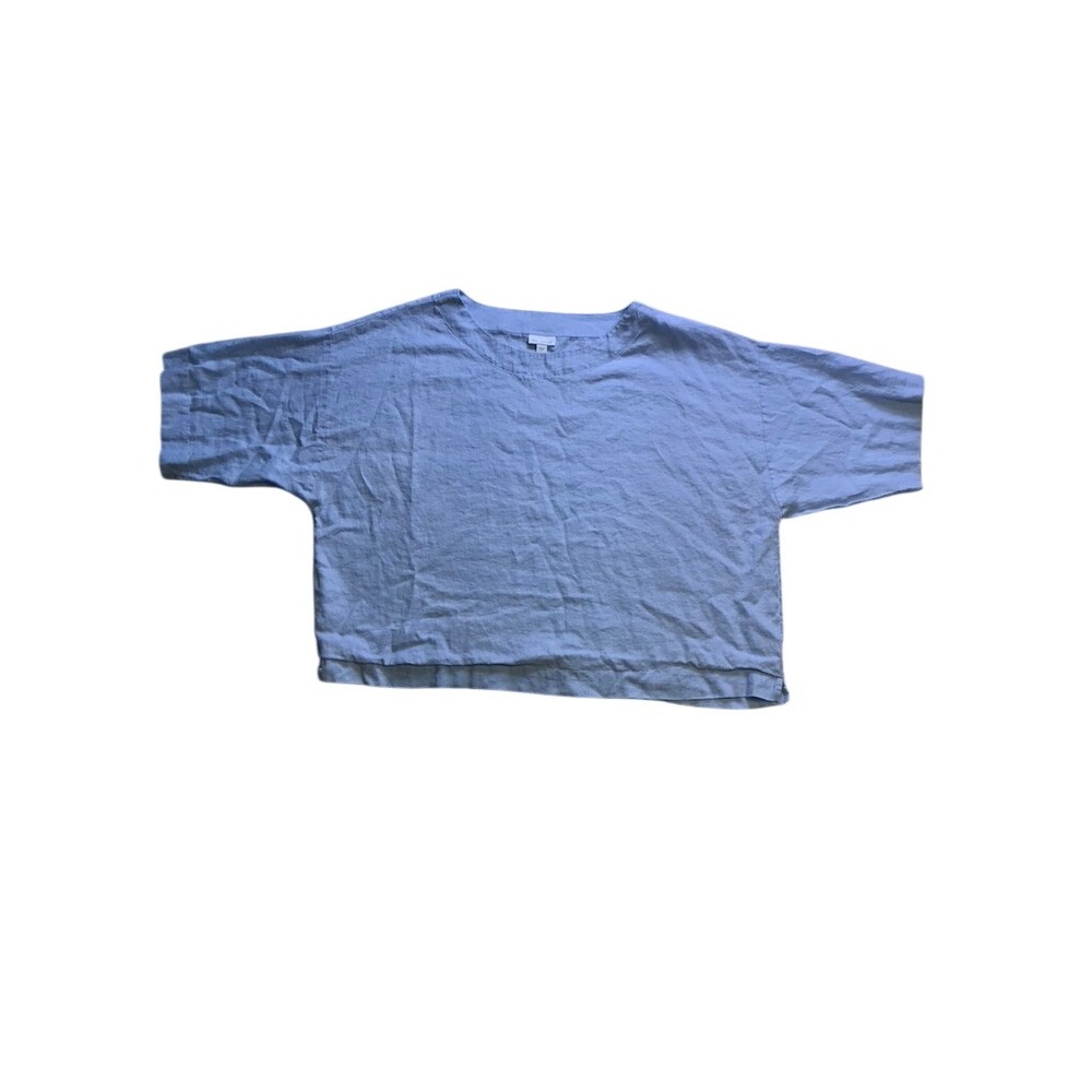 Pure Jill Linen Top Womens Large Blue Short Sleeve Boxy Crop Shirt RN 97641
